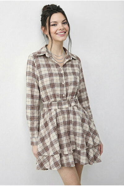 Bianco Lucci Γυναικείο Μίνι Φόρεμα Ζώνη τεμαχίων με Καρό Με σχέδιο κουμπιά κα...
