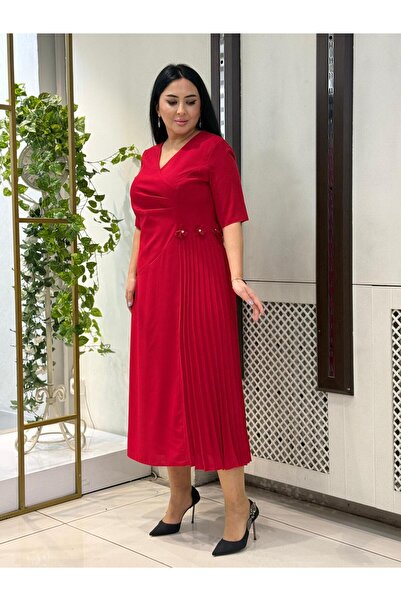 live forever Büyük Beden Midi Abiye Elbise V Yaka Piliseli Çiçek Detaylı Şık ...