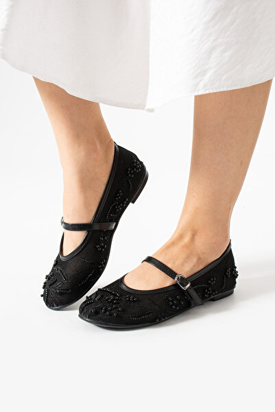 Bufu حذاء باليه نسائي صيفي مطرز بالخرز الأسود من مدريد