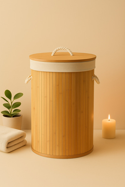 Serstil Bambu Yuvarlak Çamaşır Sepeti Kapaklı – Dekoratif ve Modern Tasarım K...