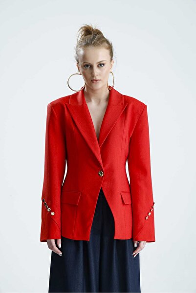 GACA COLLECTION Sabra Waist-Fitted Red Padded Shoulders Jacket