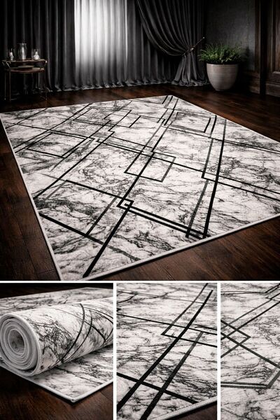 Dinarsu Yıkanabilir Siyah ve Gri Çizgili Jel Kesme Halı Yolluk