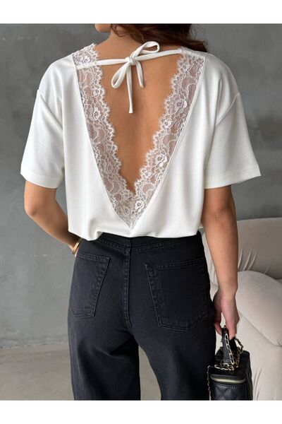 eBaa fashıon V YAKA SIRT DEKOLTELİ DANTEL BAĞLAMA BLUZ