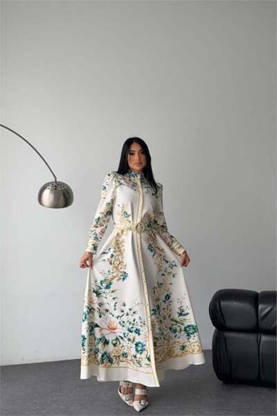 Dipmoda Rochie de damă ecru cu guler înalt imprimeu floral design maxi DPMS2653