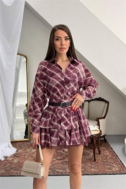 Dipmoda Women's Burgundy Shirt Collar Layers Plaid Pattern Mini Dress Dpnp025