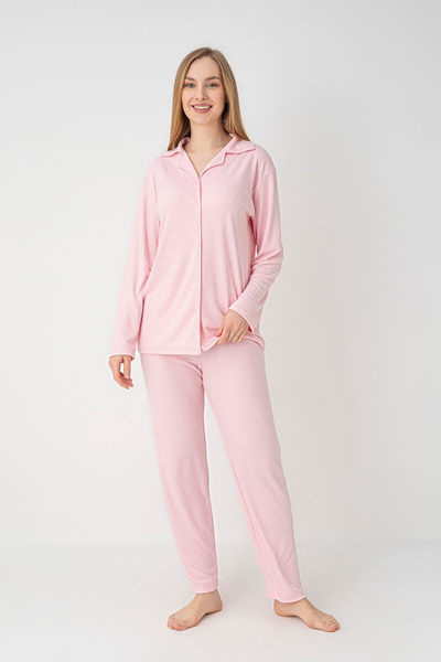 Moon Line Astra Rib Knit Long Sleeve Buttoned Shirt Collar Women's Pajama Set