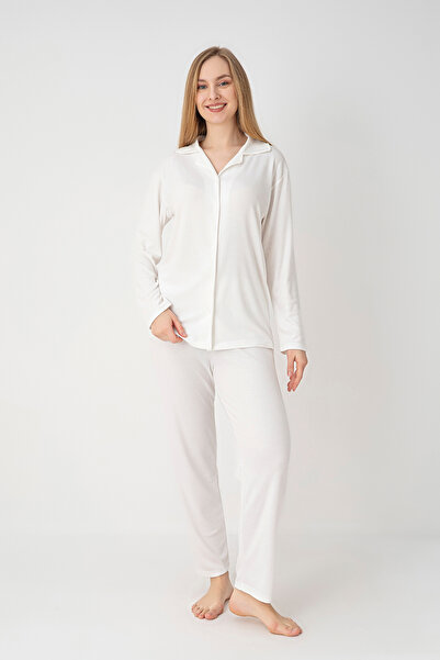 Moon Line Astra Rib Knit Long Sleeve Buttoned Shirt Collar Women's Pajama Set