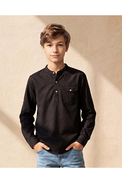 REDTAG قميص أسود بأكمام أكسفورد وياقة ماندرين للأولاد الكبار