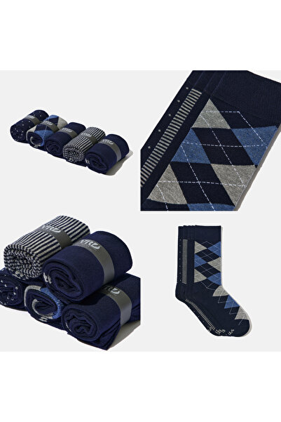 VARDAR SOCKS Dikişsiz Bambu Çorap Jakarlı Lacivert Desenli Renk Erkek Çorap Kutulu 5 Çift Premium Uzun Çorap