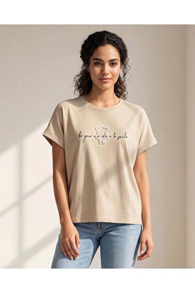REDTAG Women Beige Embellished T-Shirt