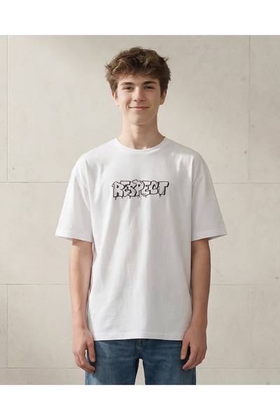 REDTAG Senior Boys White Respect Funky Duck Oversized T Shirt