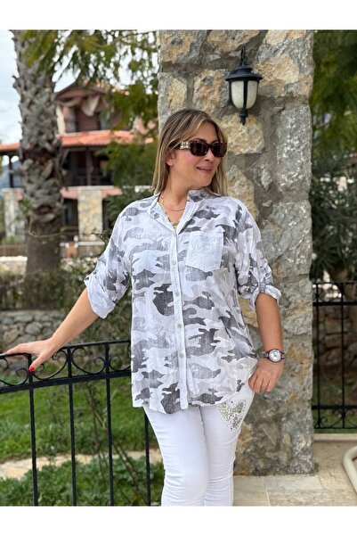 Punta Otantik Nc21054 Three Buttons Camouflage Italian Coton Blouse White