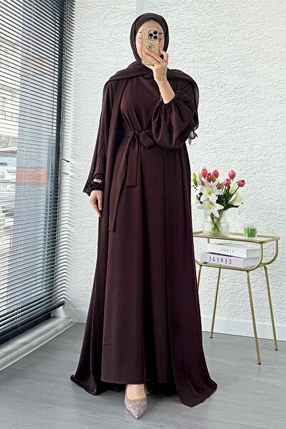 MELEK ARAZ Set Abaya Dublu cu Mâneci Elastice – Maro Intens
