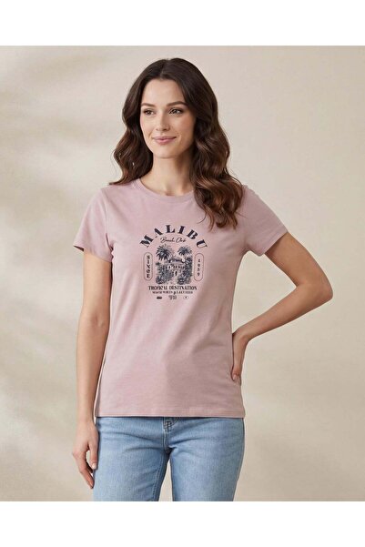 REDTAG تيشيرت نسائي مطبوع باللون الوردي الفاتح