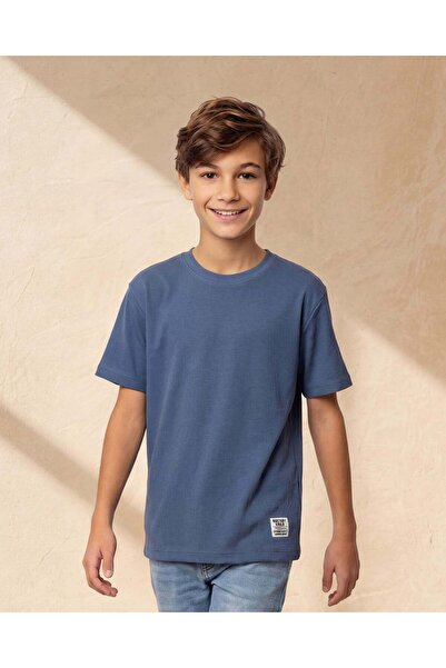 REDTAG Senior Boys Blue Textured T-Shirt