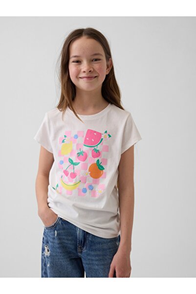 GAP Kız Çocuk Beyaz Grafik Baskılı T-Shirt