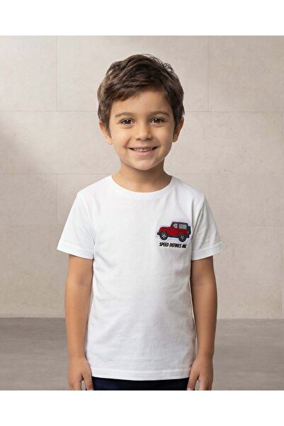 REDTAG Boys White Chenille Embroidery T-Shirt