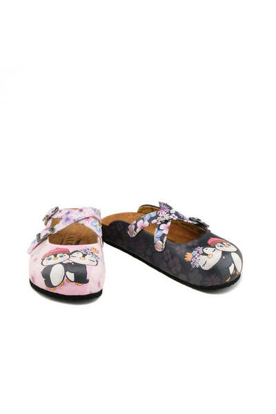 Mundos Kadın Vegan Deri Siyah-Pembe Çapraz Askılı Terlik - Aşık Penguenler Mo...