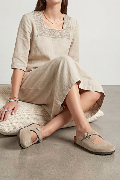 Marjin Kadın Hakiki Deri Önü Kapalı Eva Taban Çapraz Bantlı Günlük Süet Sabo ...