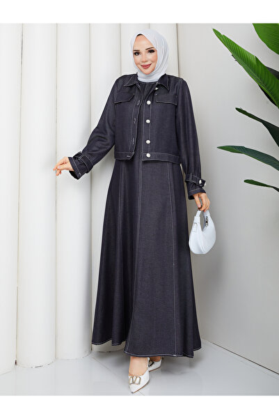 RACE FASHİON Contrast Stitching Li Denim Denim Jacket & Jile Hijab Set Rc6034