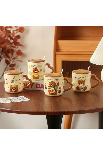 Livava Cute Teddy Bear Ceramic Mug with Patterned Heart Handles and Lid, Spec...