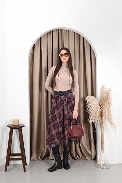 YEK&BİR Plaid Asymmetric Chiffon Nare Skirt