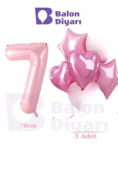 BALON DİYARI 7-Year-Old Pink Girls Special Birthday 3-Piece Heart Star Foil B...