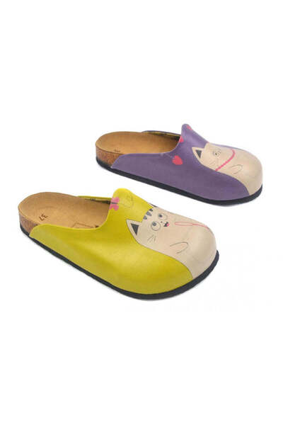 Mundos Women's Vegan Leather Yellow-Purple Slipper - Cat Double Model Cal1432