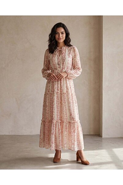 REDTAG فستان نسائي طويل متعدد الطبقات مطبوع لون الخوخ