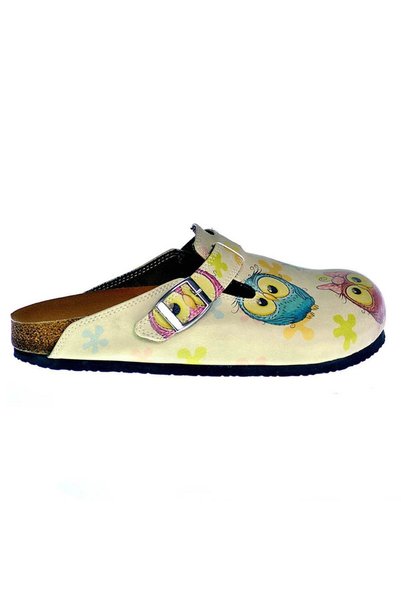 Mundos Women's Vegan Leather Cream Slipper - Owls and Elephant Model - Cal315