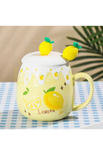 Livava Meyve Patterned Ceramic Mug with Lid and Spoon, 10X10 cm - Yellow
