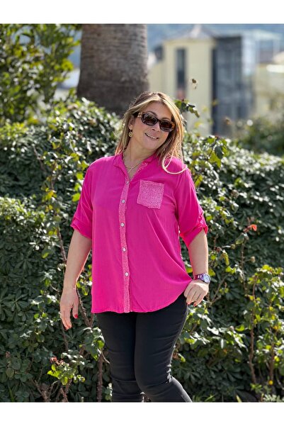 Punta Otantik Nc15450 Solid Color Buttoned Italian Coton Blouse Fuchsia