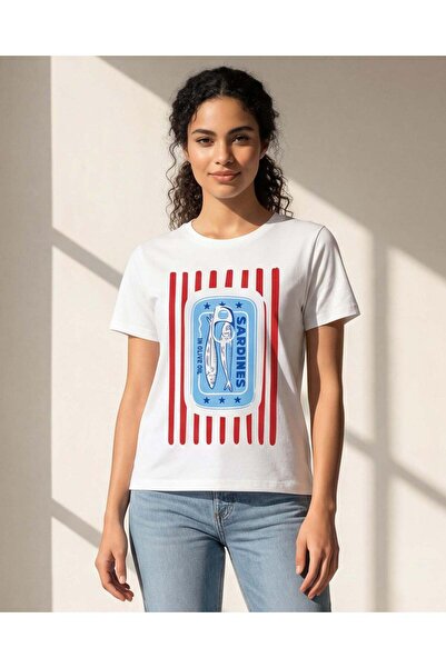 REDTAG تيشيرت نسائي أبيض برسومات سردين