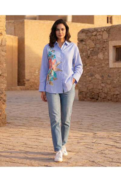 REDTAG قميص نسائي أزرق مخطط بنقشة زهور