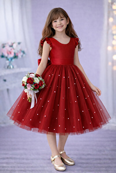 MadyaButik Rochie roșie cu mâneci cu volane pentru fete, pentru absolvire, an...