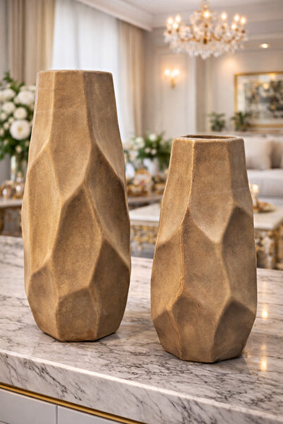 İSHTAR DEKOR MODERN 2'Lİ GEOMETRİK VAZO - 29X22 CM - TRAVERTEN RENK