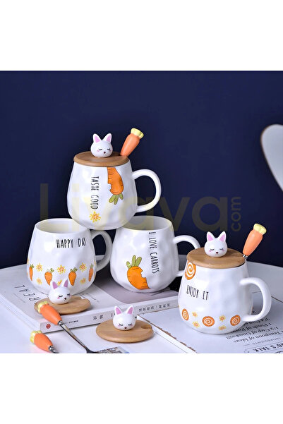 Livava Havuç Patterned Bamboo Ceramic Mug with Lid and Spoon, 13X8 cm