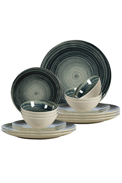 Cesiro Set of 18 Plates for 6 People, Graffiti, Ivory with Dark Gray Circles