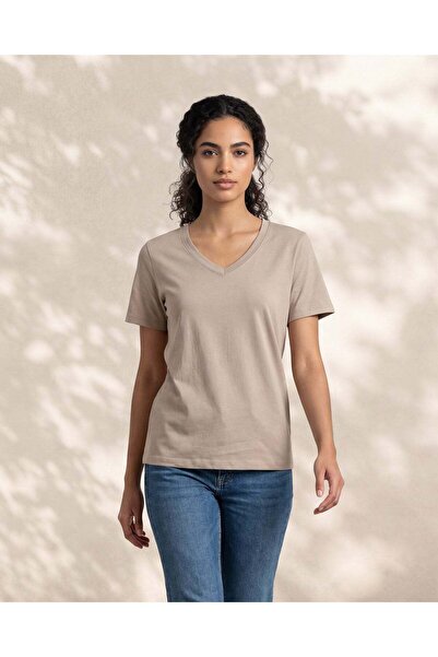 REDTAG تيشيرت نسائي رمادي بأكمام قصيرة وياقة على شكل حرف V
