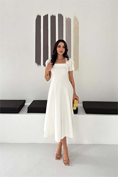 Dipmoda فستان نسائي أبيض بياقة مربعة وأكمام بالون متوسط الطول DPK4550