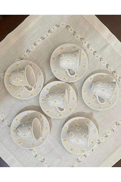 Den Tasarım Hediyelik White Floral Embroidered Coffee Cup Set