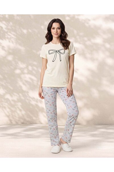 REDTAG Women Yellow And Grey Printed 2 Piece Pyjama Set