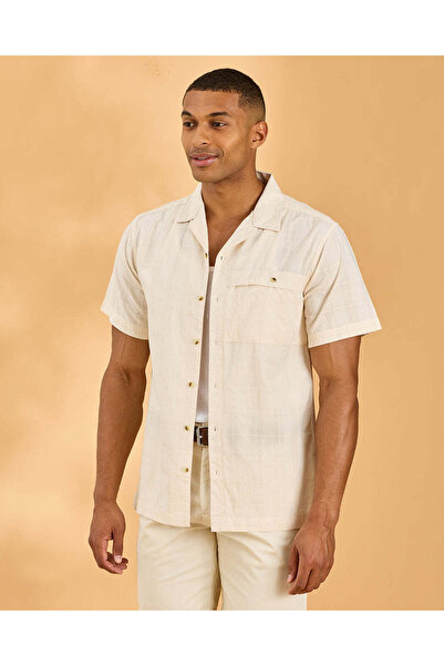 REDTAG Men Beige Striped Dobby Short Sleeve Shirt