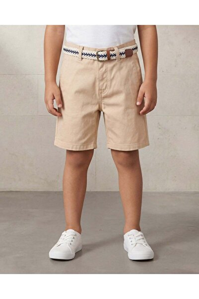 REDTAG Boys Beige Dobby Belted Shorts