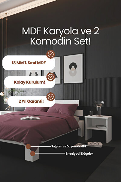 RENAZZO Lotus Çift Kişilik MDF Modern Karyola ve İki Adet Komodin Seti