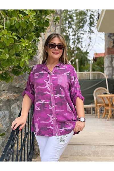 Punta Otantik Nc21054 Three Button Camouflage Italian Coton Blouse Magenta