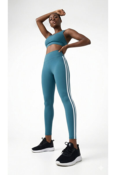 H1 Style High Waist Sportsman Firming Striped Stretchy Tights Petrol Blue