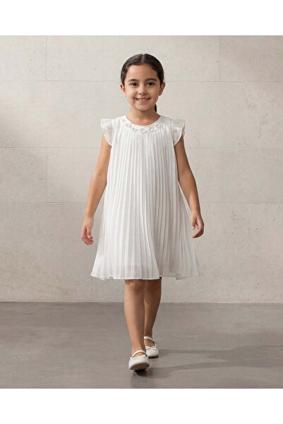 REDTAG Girls White Pleated Dress With Sequin Neck Detail