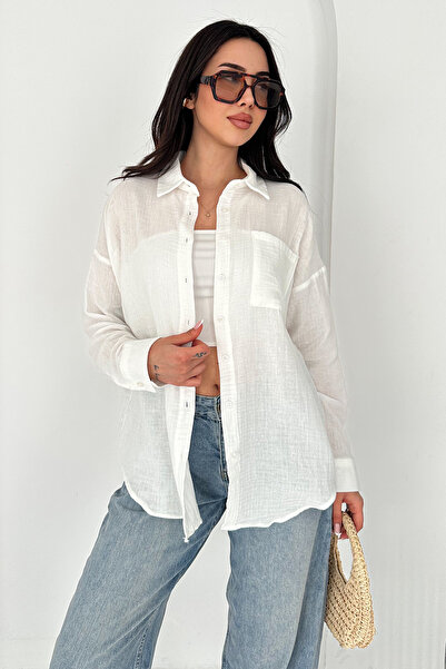 Noa&Noa Proziran Ležerna Tkano Košulja – Beli Povetarac