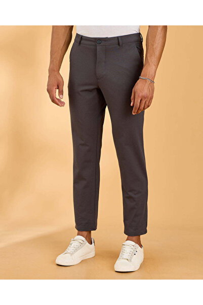 REDTAG Men Dark Grey Plain Knitted Chino Trousers